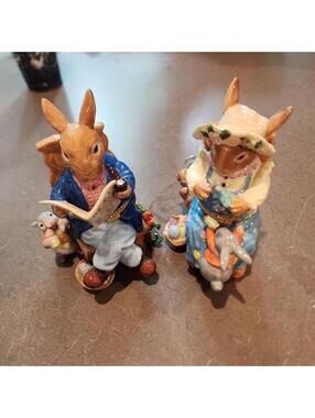 CWC Mama & Papa Bunny Rabbit Hinged Trinket Box Set w Baby Rabbits Hand Paint